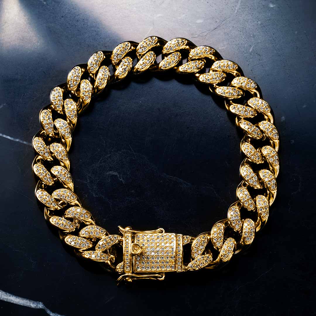 13mm Handset 18K Gold Finish Iced Cuban Bracelet - Helloice Jewelry