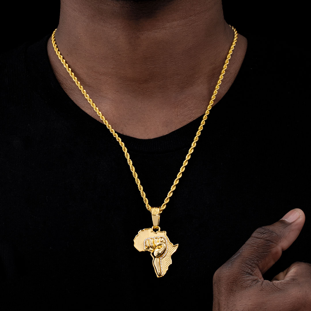 Fist Power in Pan African Colored Africa Map Pendant 18,20,22,24 Various Chain Necklace in Gold Tone 