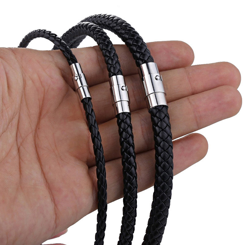 4mm/6mm/7mm Men's Black Braided Rope Leather Necklace Choker with ...