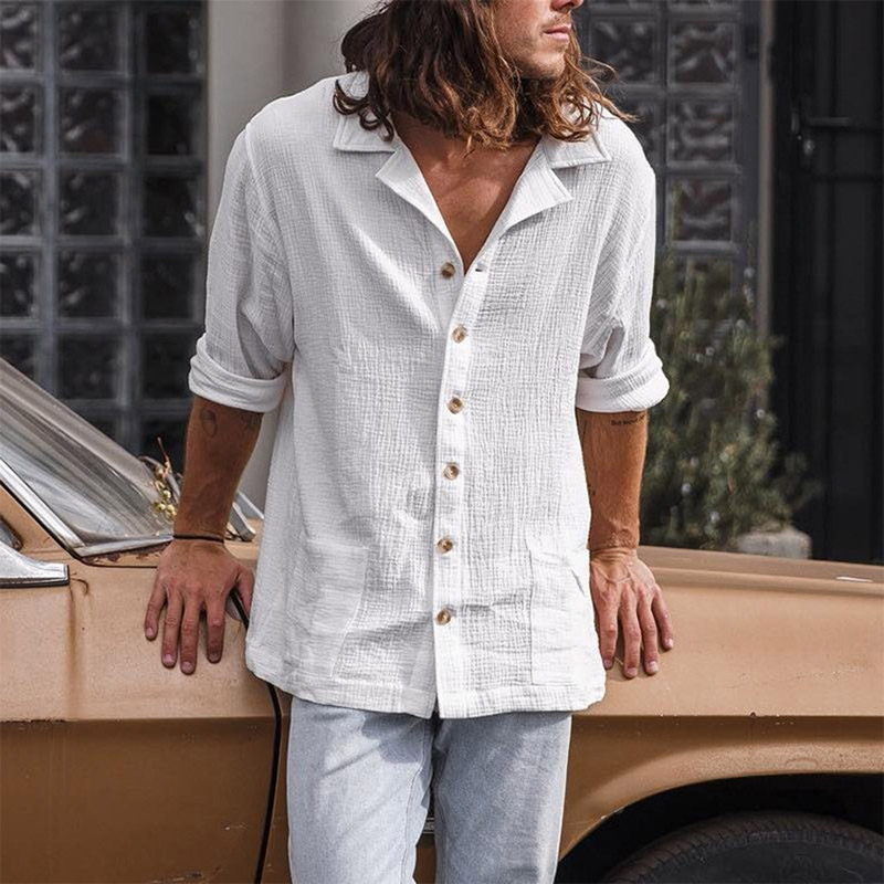 Men's Loose Casual Cuban Collar Long Sleeve Shirt - Helloice Jewelry