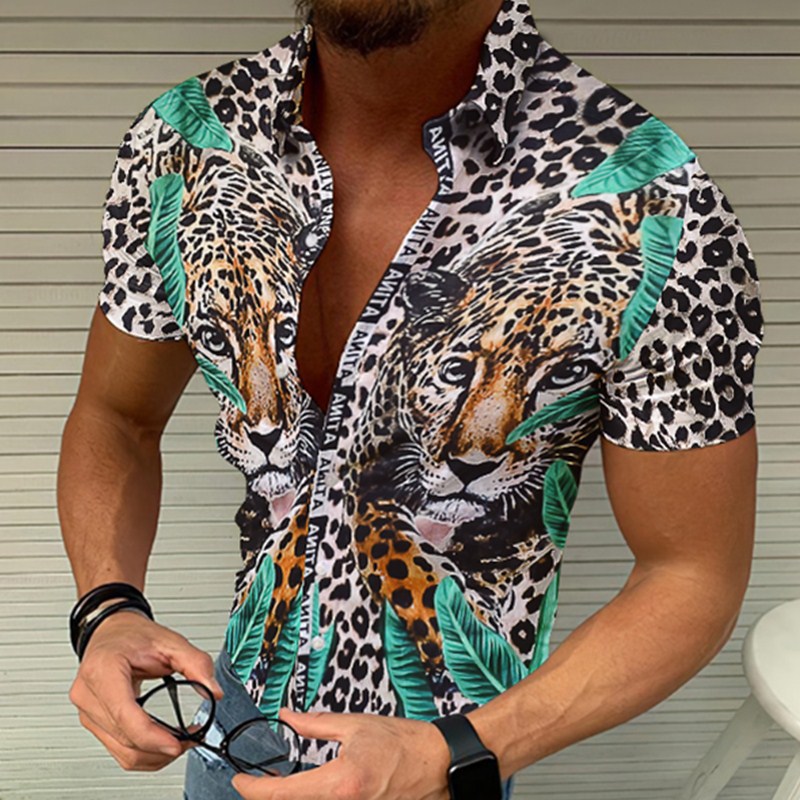 Men's Leopard Print Short Sleeve Shirt - Helloice Jewelry