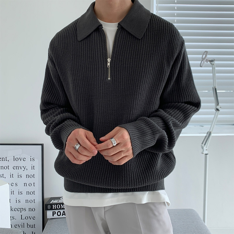 Lapel Casual Knit Zipper Solid Color Sweater - Helloice Jewelry