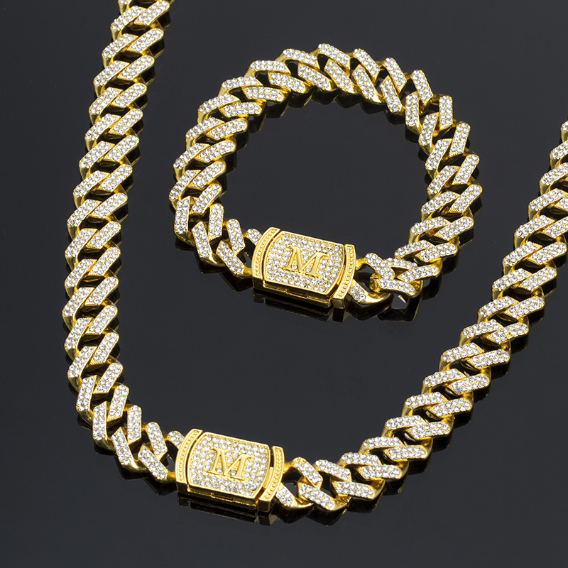 12mm Initial Letter Iced Prong Cuban Chain & Bracelet Set in Gold ...