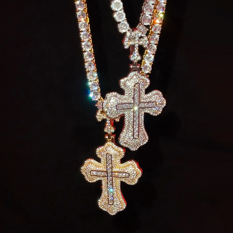 Iced Princess Cut Double Cross Pendant - Helloice Jewelry
