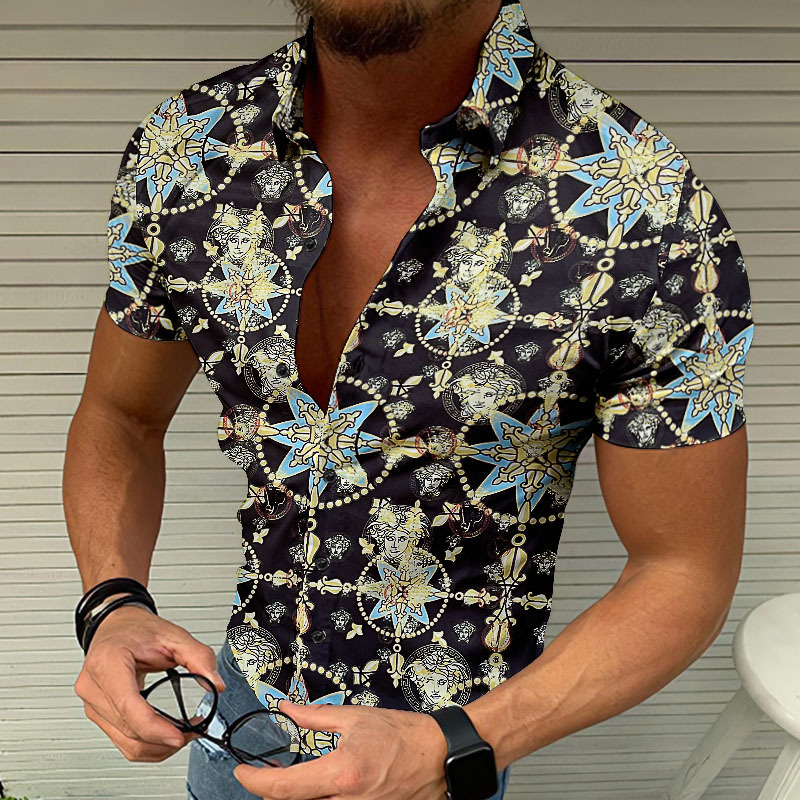 Men's Lapel Casual Beach Print Button Shirt - Helloice Jewelry
