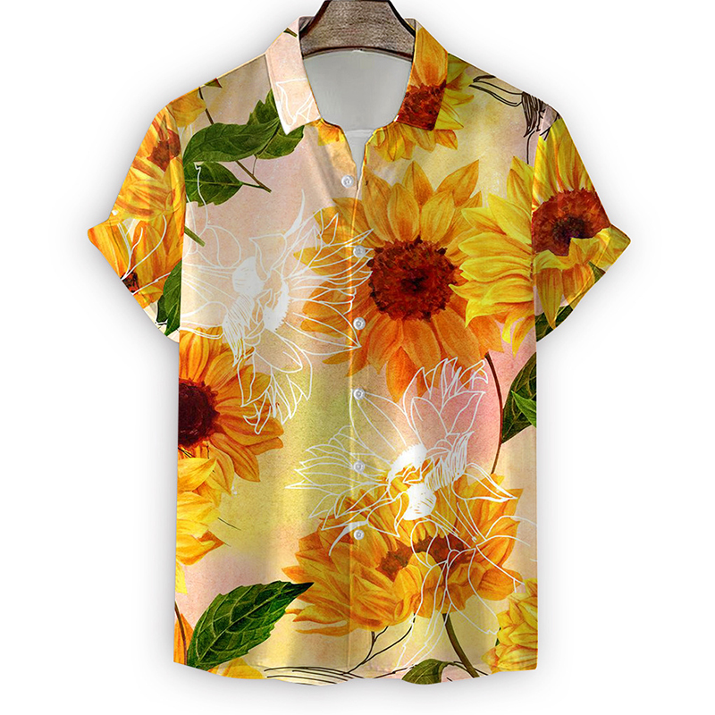 Men's Beach Print Sunflower Short Sleeve Shirt - Helloice Jewelry