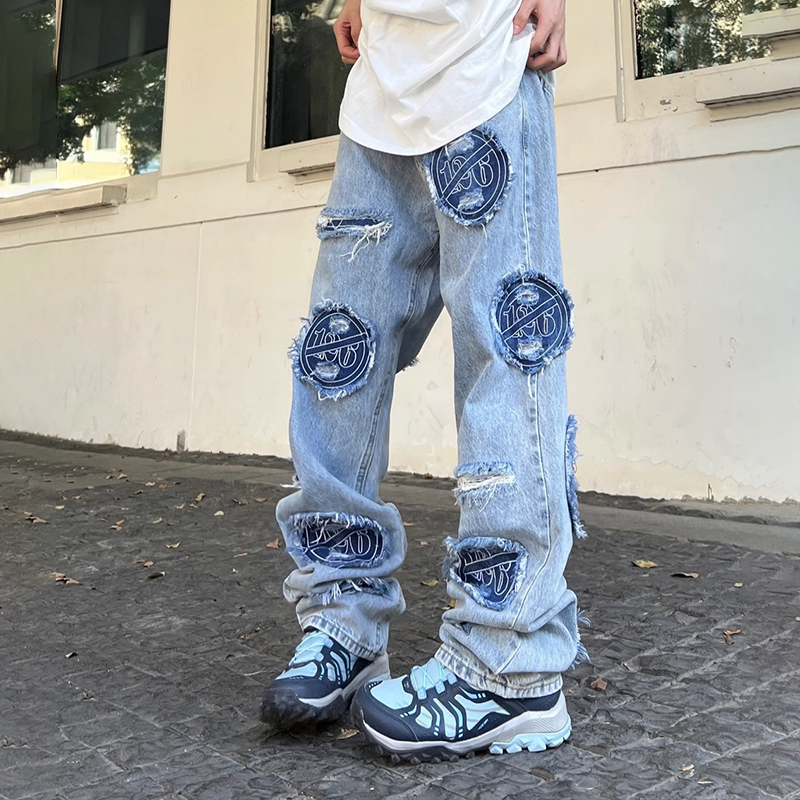 Stacked Distressed Vintage Wash Embroidered Patch Jeans - Helloice Jewelry