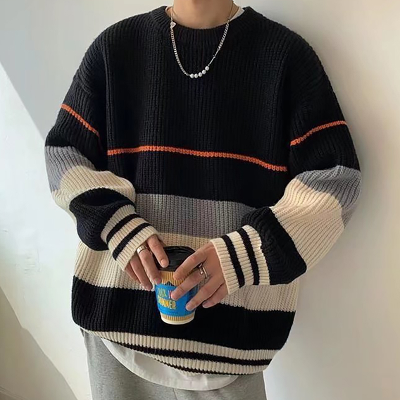 Japanese Style Striped Crewneck Sweater - Helloice Jewelry