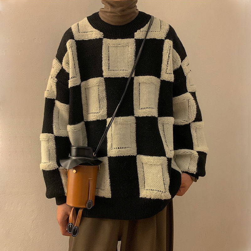Loose Checkerboard Knit Sweater - Helloice Jewelry