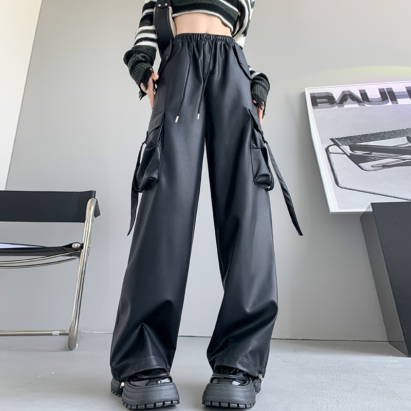 High-Waisted Baggy Pocket Leather Cargo Trousers - Helloice Jewelry