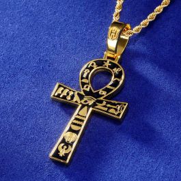 Egyptian Ankh Cross with Hieroglyphs Pendant in Gold