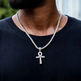 Iced Overlapping Ankh Pendant with Tennis Chain Set in White Gold
