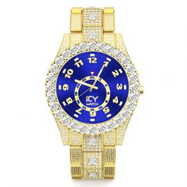 Iced Arabic Numerals Blue Dial Men's Watch in Gold