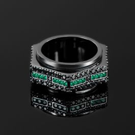 Iced Rotatable Emerald & Black Stones Ring