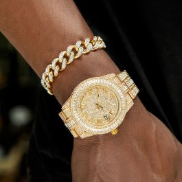 Iced Baguette Cut Roman Numerals Men's Watch and 12mm Cuban Bracelet Set in Gold