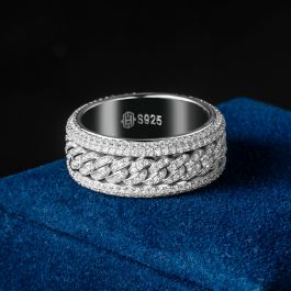 Micro Paved Moissanite Rotatable Cuban Link Ring in S925 Silver