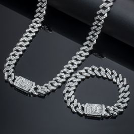 12mm Initial Letter Iced Prong Cuban Chain & Bracelet Set in White Gold