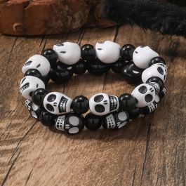 2pcs White & Black Smiling Skull Head Stretch Bracelets Set