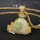 Iced Money Bag Stack Pendant in Gold