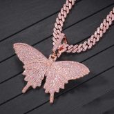 Pink Butterfly Pendant with 8mm 20" Cuban Link Chain Set