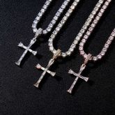 Iced Baguette Diamonds Cross Pendant with 4mm 18" Tennis Chain