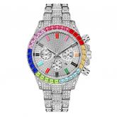 Iced Rainbow Dial Steel Watch in White Gold