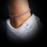 8mm Iced Pink and White Stone Cuban Anklet in White Gold
