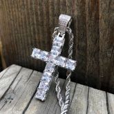 Iced Princess Cut Cross Pendant with 24" Rope Chain in White Gold