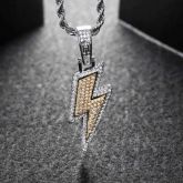 Iced Lightning Bolt Pendant with 24" Rope Chain In White Gold