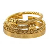 3Pcs Braid Steel Wire Open Bracelet with Roman Numbers Bracelet Set in Gold