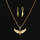 Iced Angel Pendant + Angel Wings Earrings Set in Gold