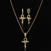 Iced Ankh Ouroboros Cross Dangle Earrings in Gold