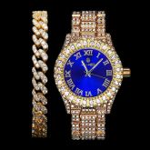Iced Roman Numerals Blue Dial Men's Watch + 8mm Cuban Bracelet Set in Gold