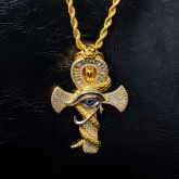 Iced Twisted Snake with Eye of Horus Ankh Pendant in Gold