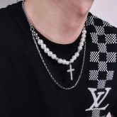 Pearl and Stainless Steel Layered Necklace with Cross Charms