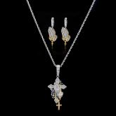 Iced Praying Hands Holding Cross Pendant and Earrings Set