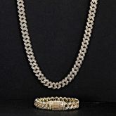 14mm Prong Baguette Cut Cuban Chain Set with Box Clasp in Gold