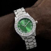 Iced Roman Numerals Green Dial Men's Watch in White Gold
