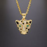 Iced Green Eyes Leopard Charm Necklace in Gold