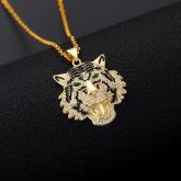Iced Green Eyes Tiger Head Necklace in Gold