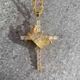 Iced Cross King Crown Pendant in Gold