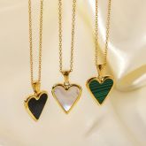 Natural White and Black Shell Malachite Heart Pendant Necklace