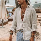 Men's Long Sleeve Button Cotton Linen Shirt