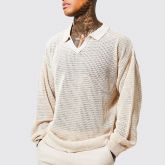 Long Sleeve Lapel Knit Men's Polo Shirt Loose Top