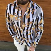Black and White Striped Print Casual Slim Fit Long Sleeve Shirt