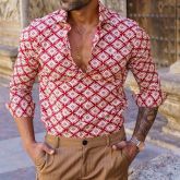 Loose men's long sleeve holiday red floral shirt