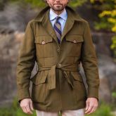 Men's medium long military green fitted trench coat