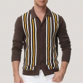 Brown Stripe Long Sleeve Polo Shirt