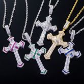 Iced Baguette Cut Cross Pendant in White Gold-Emerald/Blue/Red/White