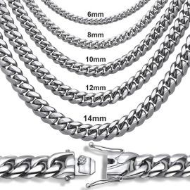 12mm Stainless Steel Cuban Link Chain Set in White Gold